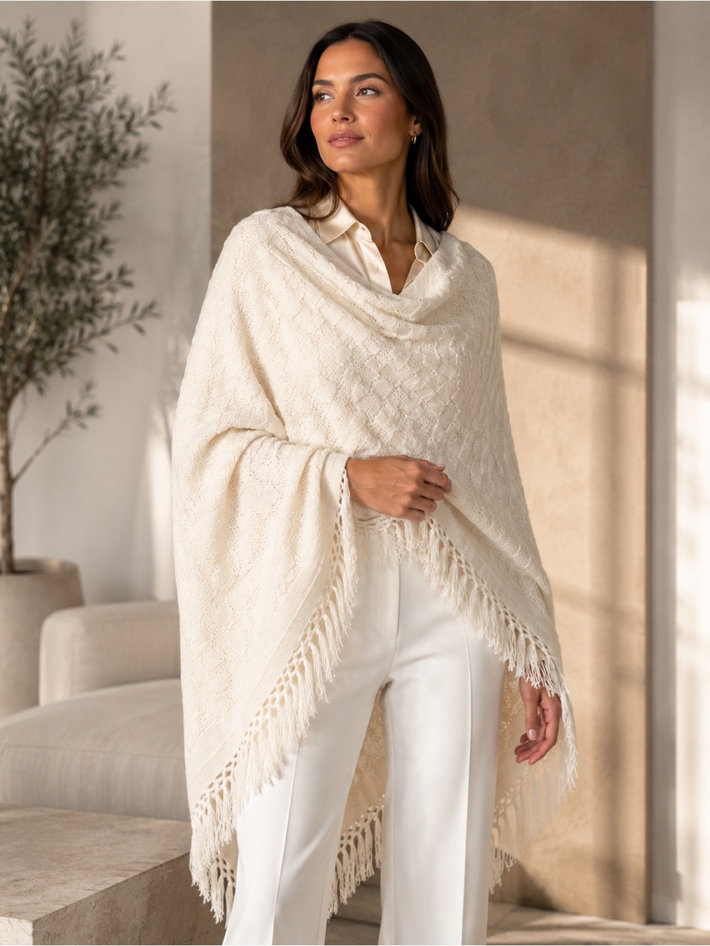St. John Collection Cream Knit Fringe Wrap